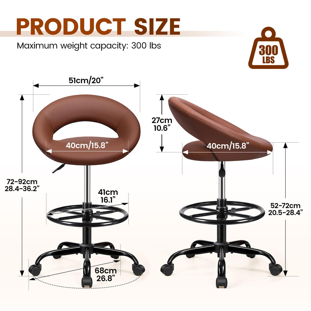 Stella Mia Rolling Bar Stool with Back & Footrest, Office Drafting Chair, 2 Pack, Brown