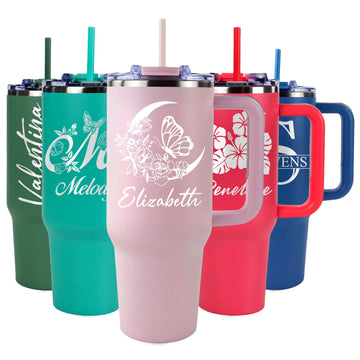Personalized 40 oz Engraved Tumbler, With Handle, 2 Straws, Brush and Pad, Custom Stainless Steel Insulated Travel Cup, Double-Wall, Keeps Drinks Hot & Cold, Gift for Him, Her, Teen Girls Made in USA.