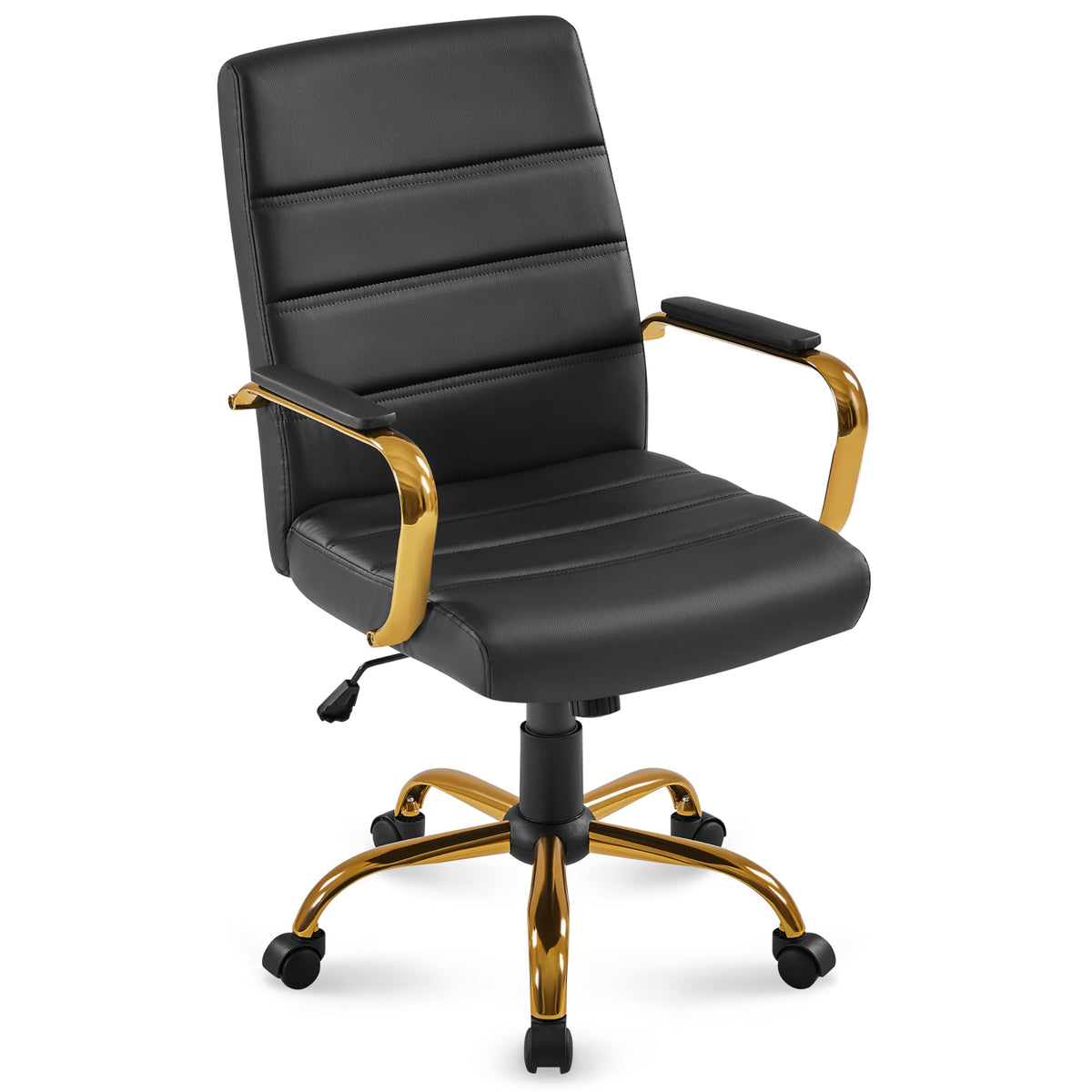 Yaheetech Black and Gold Office Chair Mid Back Pu Leather Rocking Desk Seat, 24? W × 25? D × (38-41.5)? H