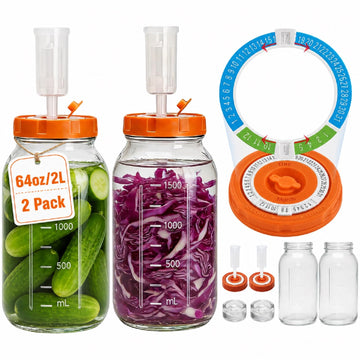 Hersolm 64oz/2L Fermentation Jar Kit, 2 Pack Fermentation Kit with Glass Jars, Fermenting Weights,Seal Lids Can Mark Date and Airlocks for Pickling Sauerkraut Easy Fermenting & Storage(Jar Included)
