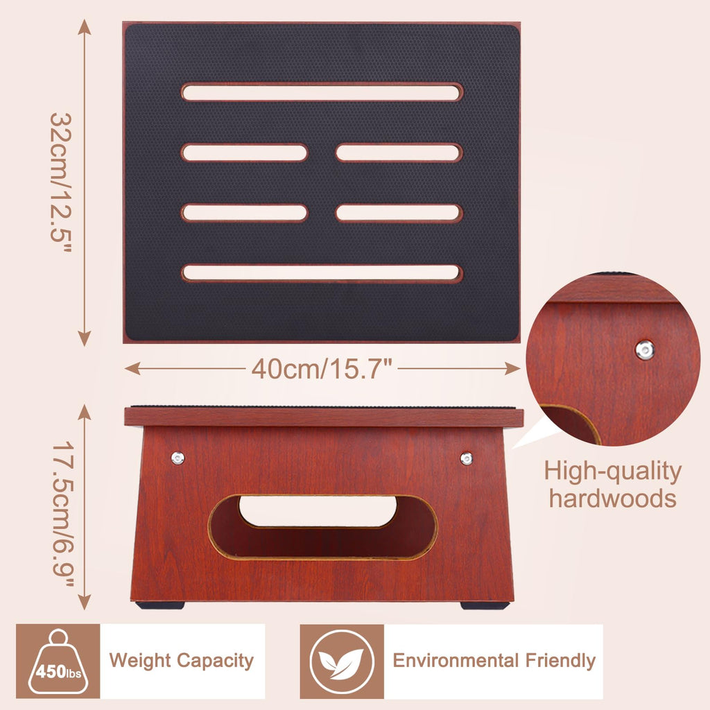 One Step Stool for Adults Seniors with Non-slip Rubber Step Surface, 6.9" Heavy Duty Wood Stepping Stool with 450 Lb Capacity Bed Steps for