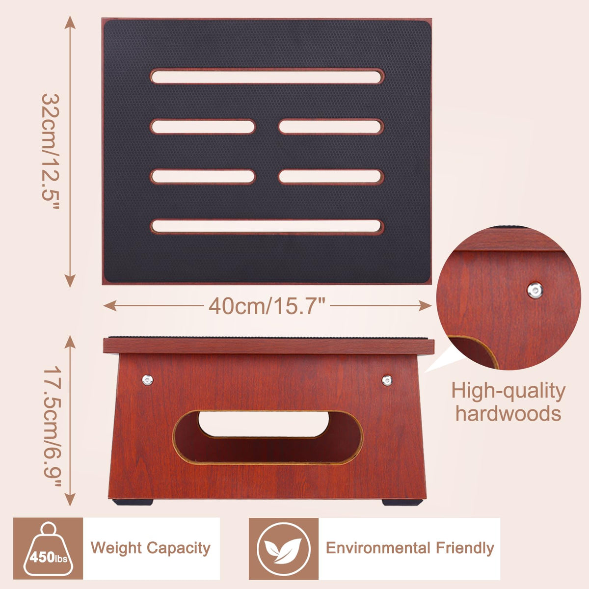 One Step Stool for Adults Seniors with Non-slip Rubber Step Surface, 6.9" Heavy Duty Wood Stepping Stool with 450 Lb Capacity Bed Steps for