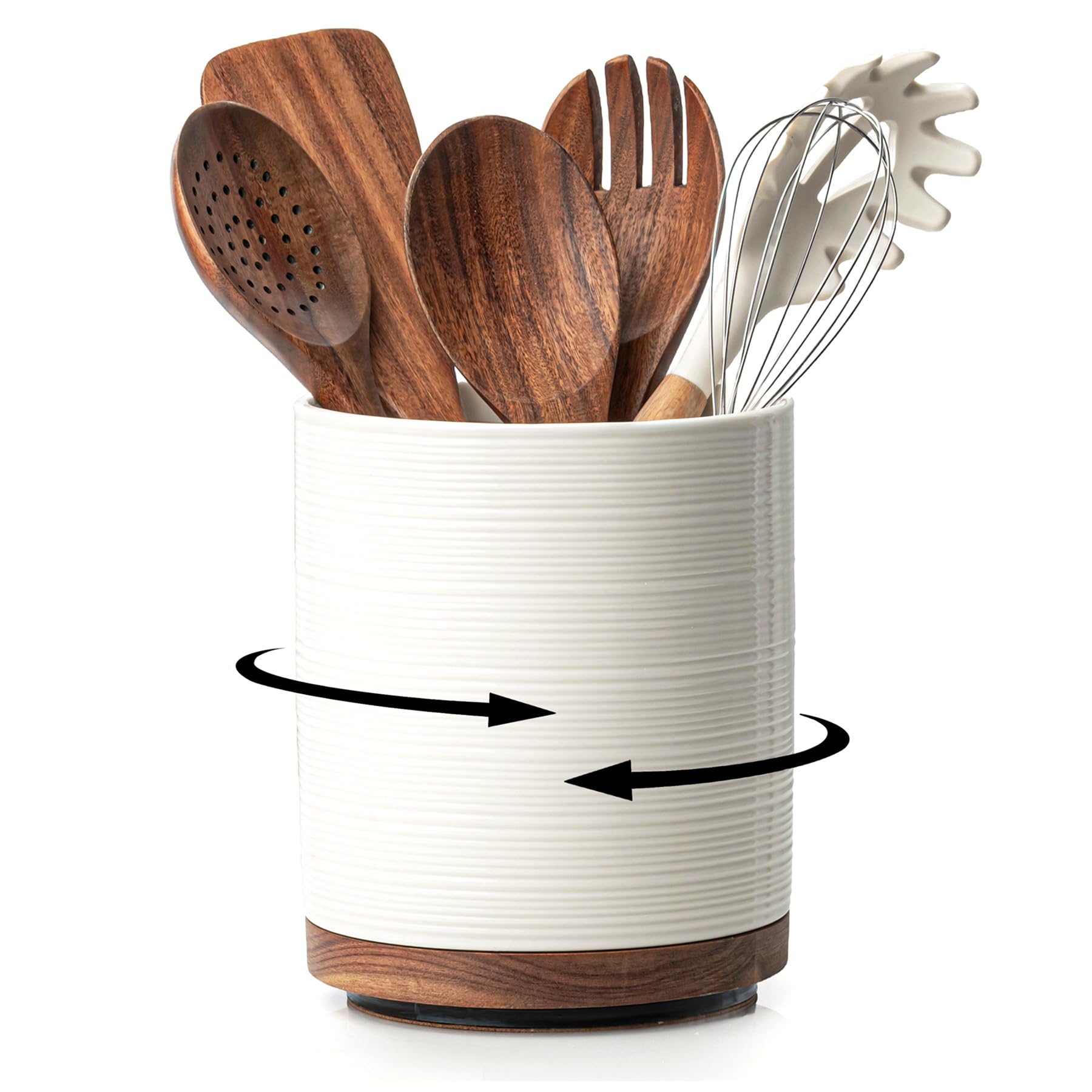 Utensil Holder, 360° Rotating Extra Large Ceramic Kitchen Utensil Holder for Countertop, 7.3“ Cooking Utensil Crocks for Kitchen Counter with Rotatable Wooden Base, Farmhouse Decor, White