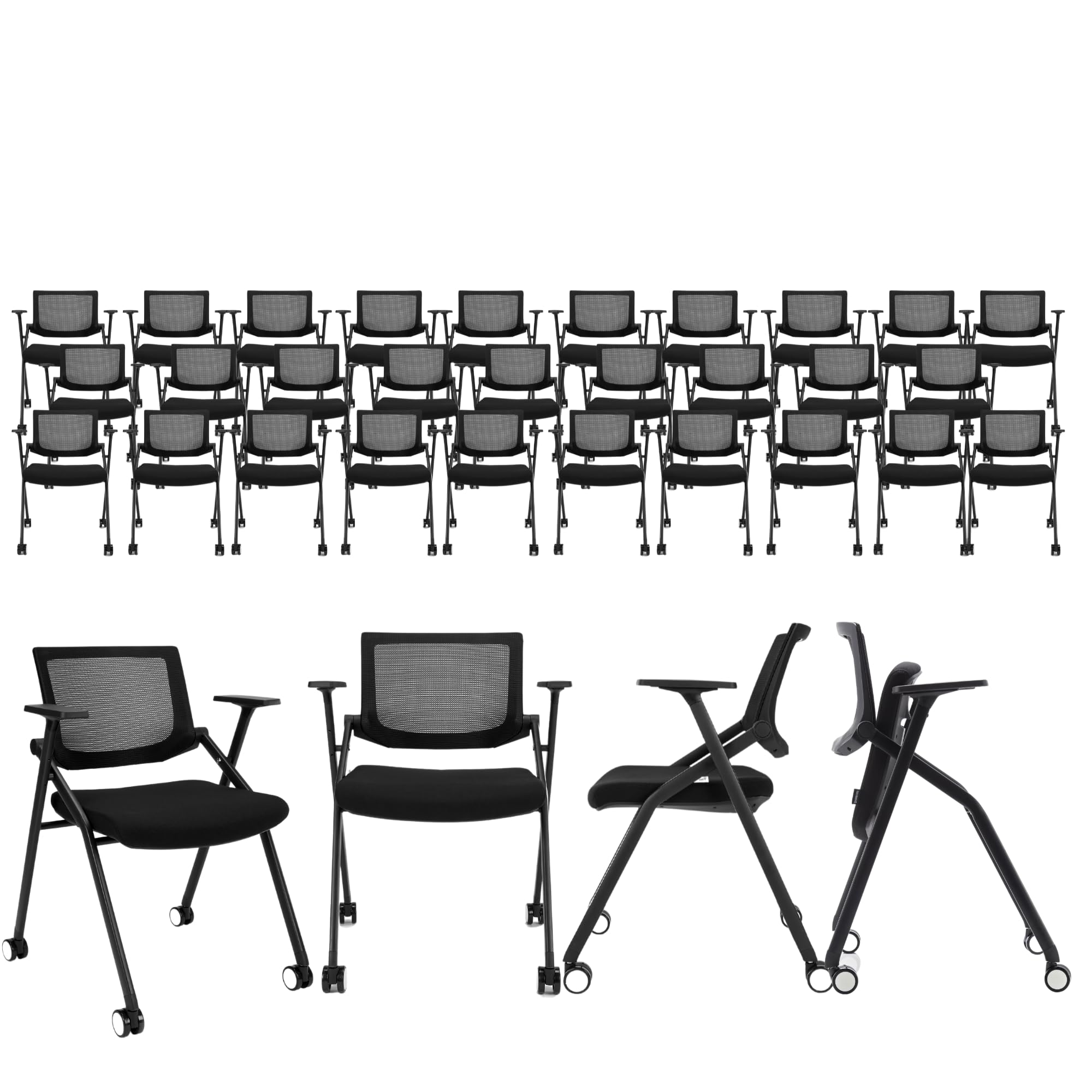 30 Pack Stackable Conference Room Chairs with Wheels and Paddle, Ergonomic Mesh Back and Arms for Meeting, Conference, Reception, Training Room