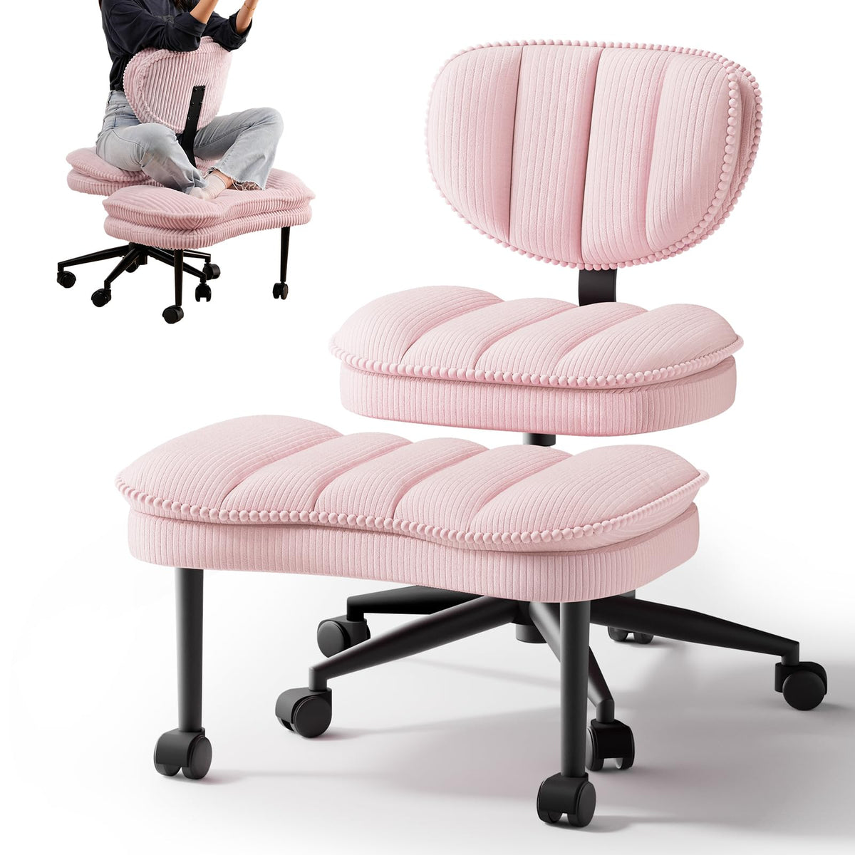 Cross Legged Office Chair, Ergonomic Cloud Criss Cross Desk Chair, Meditation Chair with Wheels, Height Adjustable Seat for Adhd, Wide Kneeling