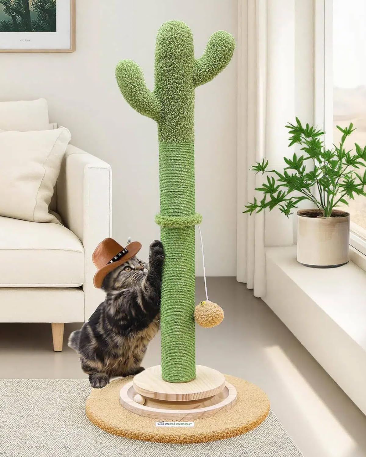 Globlazer Tall Scratching Post for Cats, Cactus Cat Scratching Post Cat Scratcher Cute Sisal Large Cat Scratching Post with Modern Wooden Ball Tracking Interactive Toys, SC30