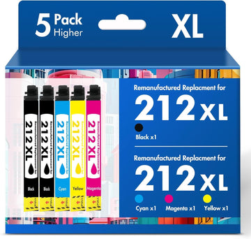 Remanufactured Replacement for 212XL XP-4105 Ink Cartridges Combo Pack Compatible for 212 for Epson Printer XP-4100 XP 4100 4105 XP-4105 Workforce WF-2850 WF 2850 2830 WF-2830 WF-2810 (5 Pack KCMY)