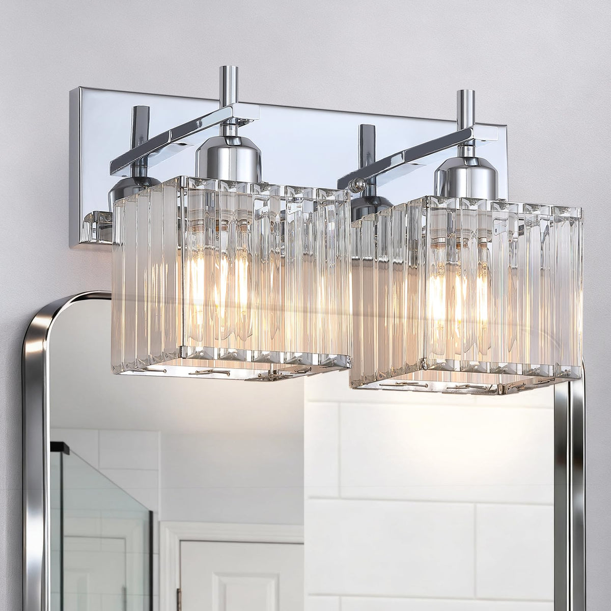 Chrome 2-Light Crystal Bathroom Vanity Light Fixture Over Mirror, Modern Bathroom Wall Light for Living Room, Bedroom, Hallway