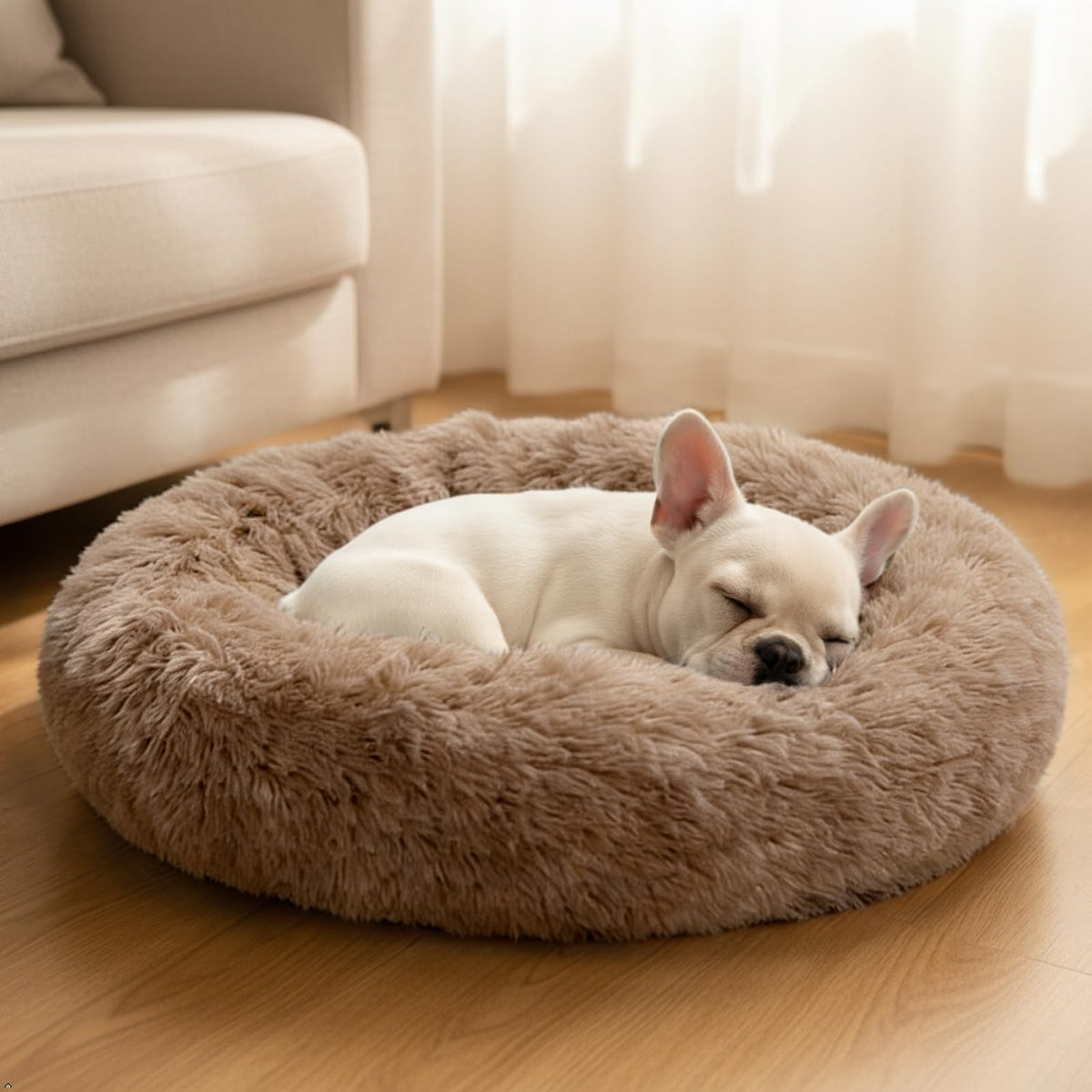 Comfort Donut Dog Bed for Small Dogs, Cat Bed & Pet Bed for Indoor Use, Medium Size with Soft Plush, Round Dog Beds for Large Dogs and Cats (Light Brown, 20''Lx20''Wx8''Th)