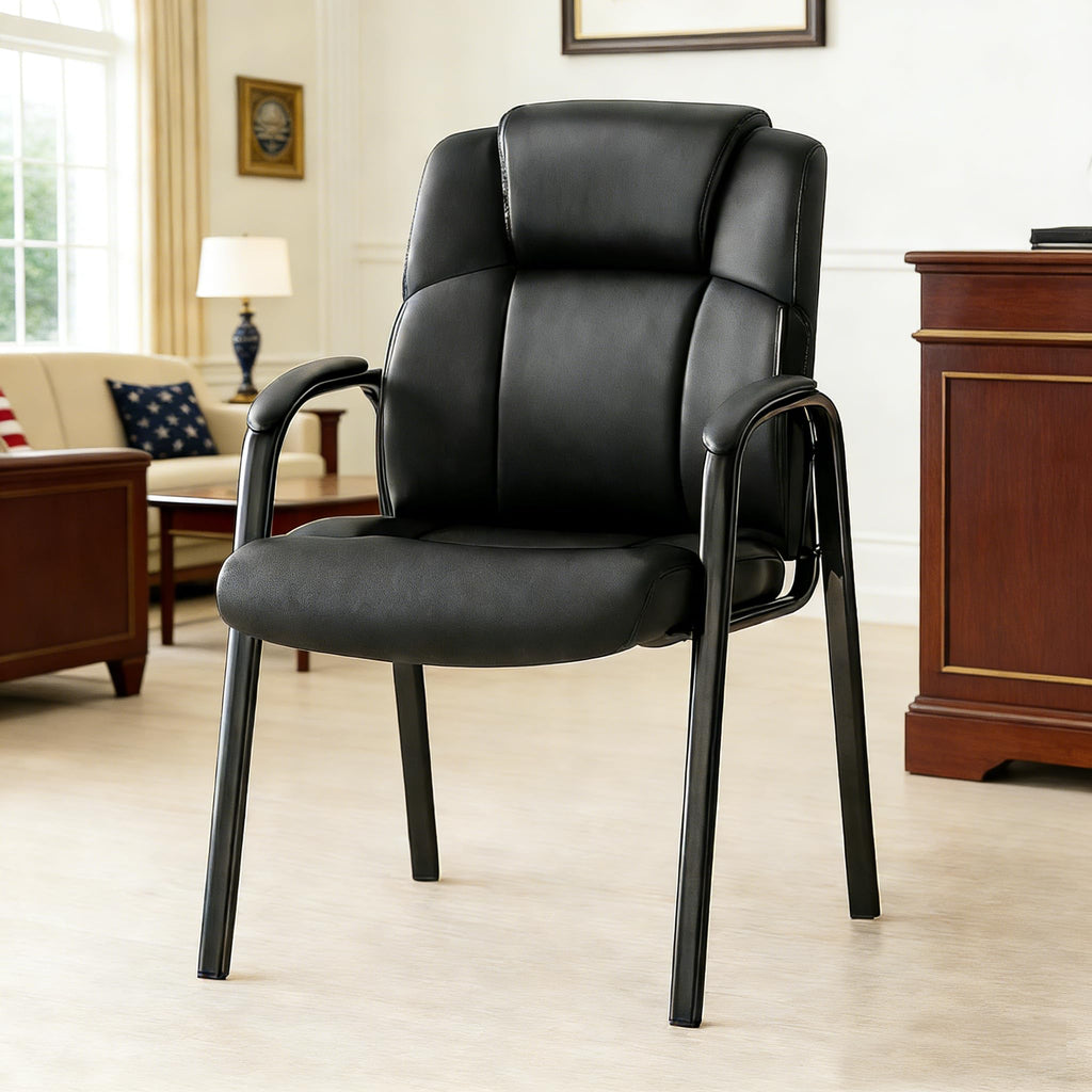 Simple Deluxe Office Guest Chair with Padded Armrests (no Wheels), Stationary Leather Reception Chair for Waiting Room, Conference Room, Lobby,