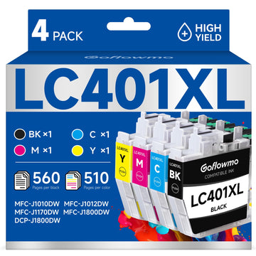 LC401XL Ink Cartridges Compatible for Brother Printer LC 401XL LC401 4-Pack | High Yield, LC 401 XL Works with MFC-J1010DW MFC-J1170DW MFC-J1012DW MFC-J1800DW Ink (1 Black, 1 Cyan, 1 Magenta, 1 Yellow)