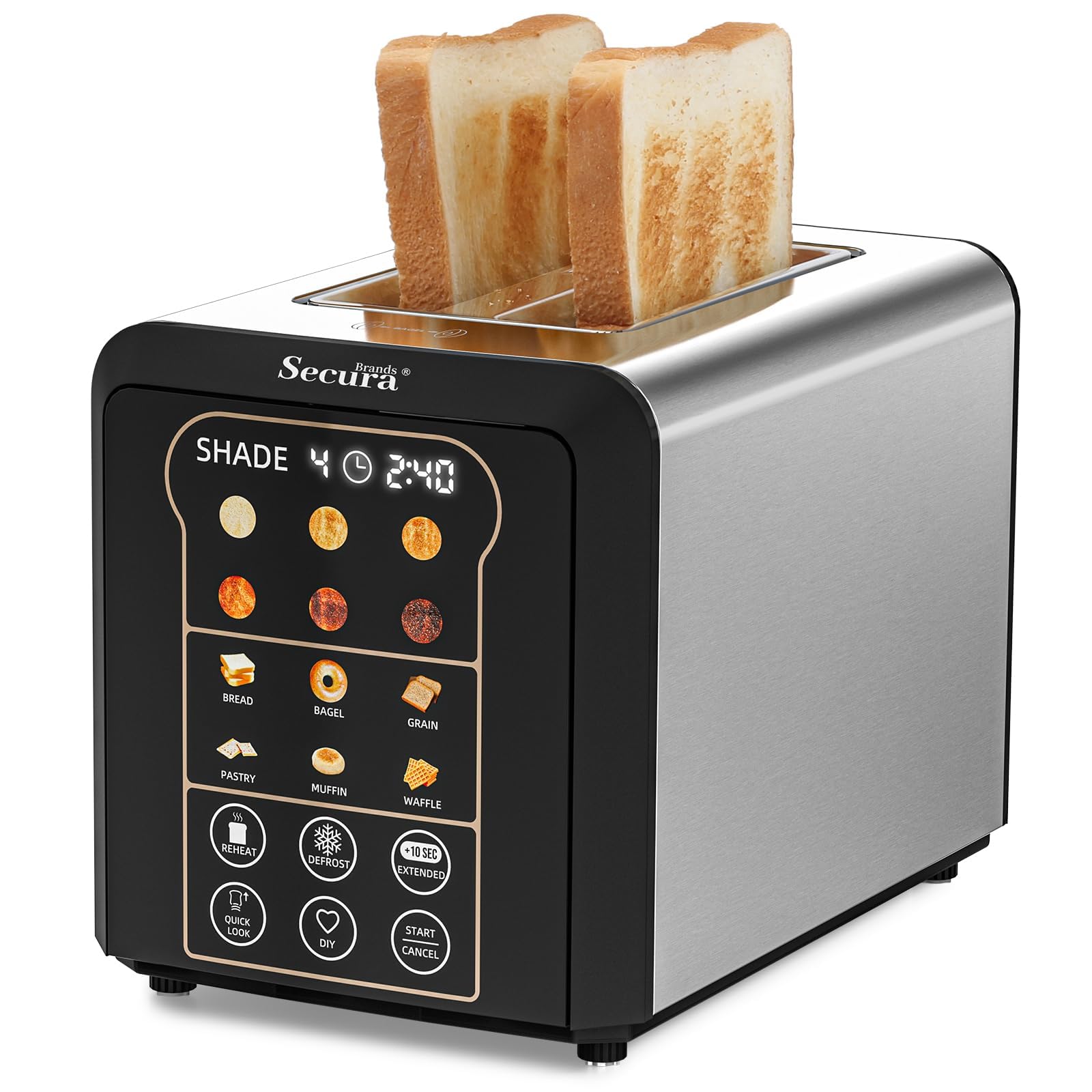 Secura Brands Toaster 2 Slice Digital Smart Staineless Steel Toaster | Automatic, No Lever, Wide Slot, Touch Screen, Digital Timer, +10s Extend, Memory Settings, Defrost, Reheat, Home Gift