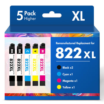 Remanufactured Replacement for 822XL WF-3820 Printer Ink Cartridges Combo Pack Compatible for 822 for Epson Workforce Pro WF3820 WF 3820 WF-4830 WF-4833 WF-4820 WF-4834 WF-3823 (5 Pack, 2BKCMY)