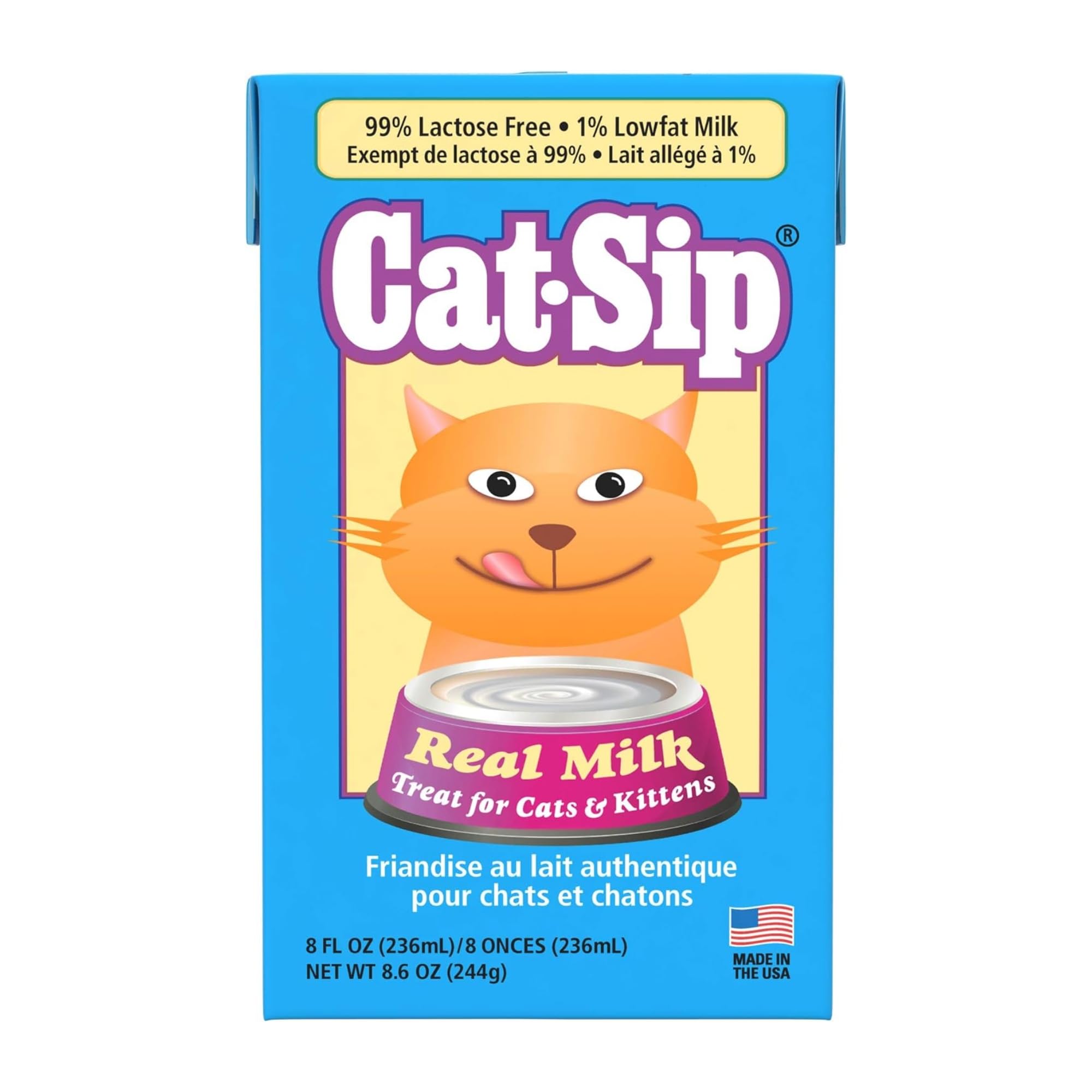 PetAg Cat-Sip Real Milk Supplement - 8 oz - Ready-to-Feed Snack for Cats & Kittens - Easy to Digest with 99% Lactose-Free, Low-Fat Grade A Milk - Encourages Hydration - Promotes Eye & Heart Health