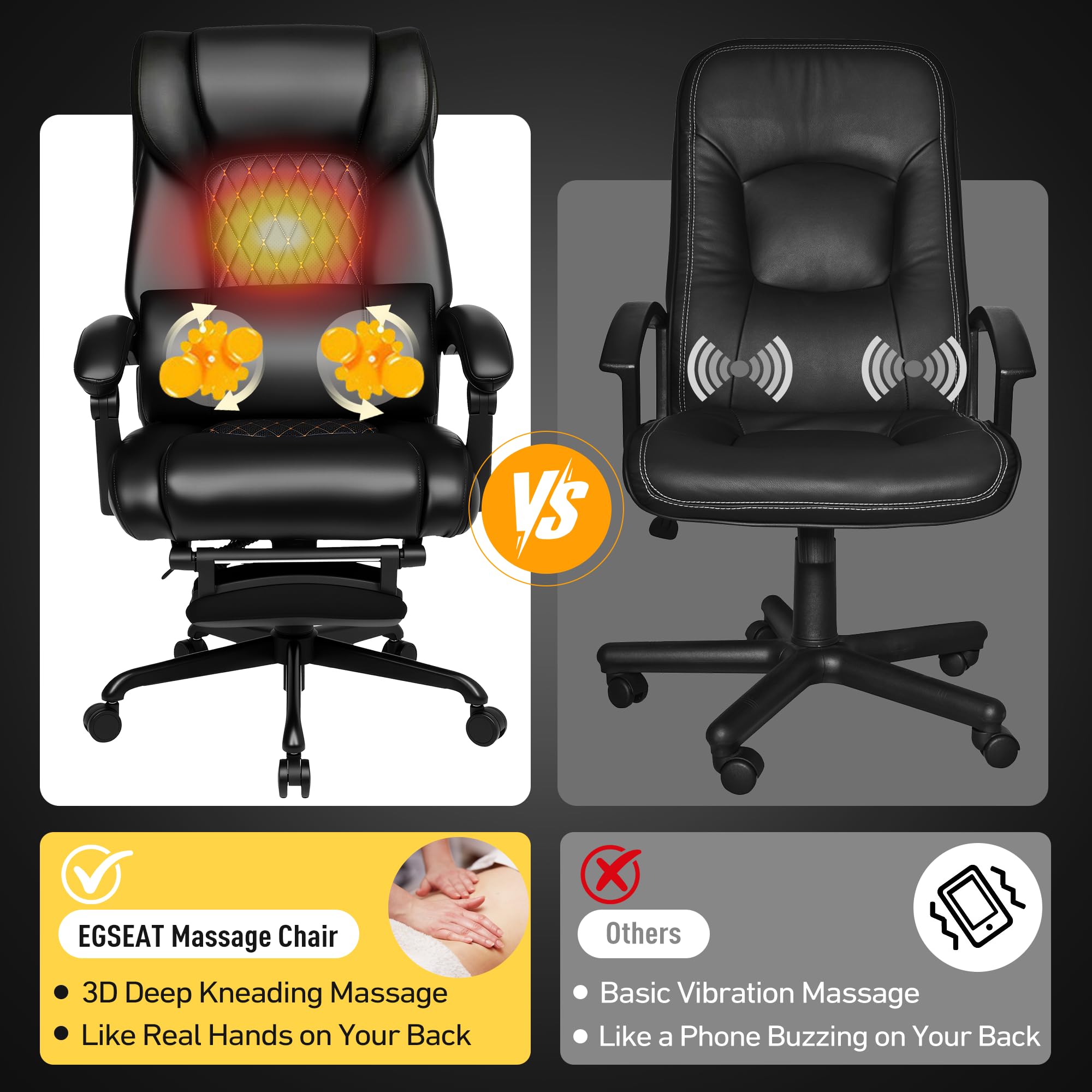 Egseat 3d Kneading Massage Office Chair with Heat, 500 Lbs Big and Tall Executive Computer Desk Recliner, Leather Electric Heated Chair with