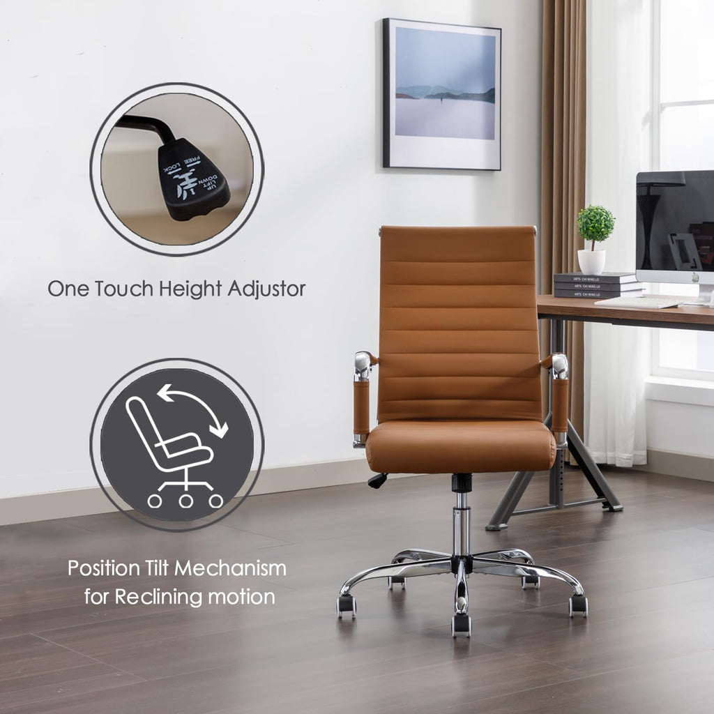 Office Desk Chair Leather, Conference Room Chairs with Wheels, Executive Modern High Back Ergonomic Swivel Rolling Ribbed Computer Chair