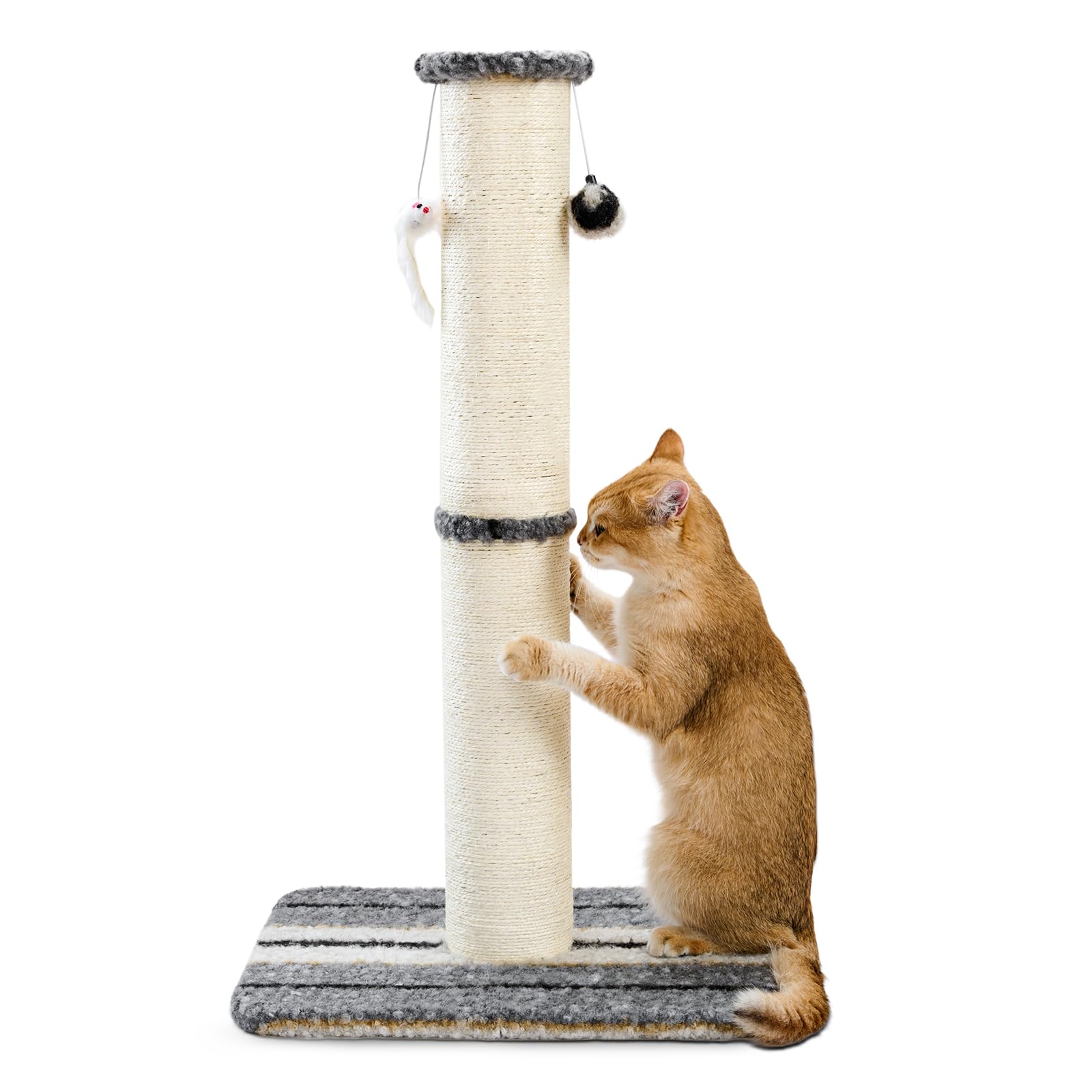Joydeco Cat Scratching Post 38 Inches Heavy Duty and Thick Scratching Post Sisal Rope with Hanging Ball and Mice for Indoor Cats(Grey)