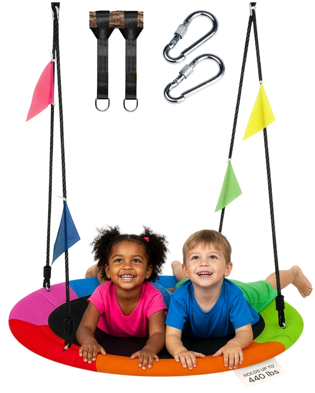 PLAYVIBE 40" Saucer Swing for Kids Outdoor - Tree Swing Set Summer Fun, 440 lb Capacity - Multicolor 600D Oxford Fabric & Adjustable Ropes, Straps & Carabiners