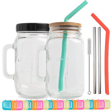MagicJugs 32 oz Wide Mouth Glass Drinking Jar with Handle | Iced Coffee Cup | Includes 2 Lids, 2 Silicone Straws, 2 Stainless Steel Straws, 20 Reusable Ice Cubes, Cleaning Brush & Recipe Book.