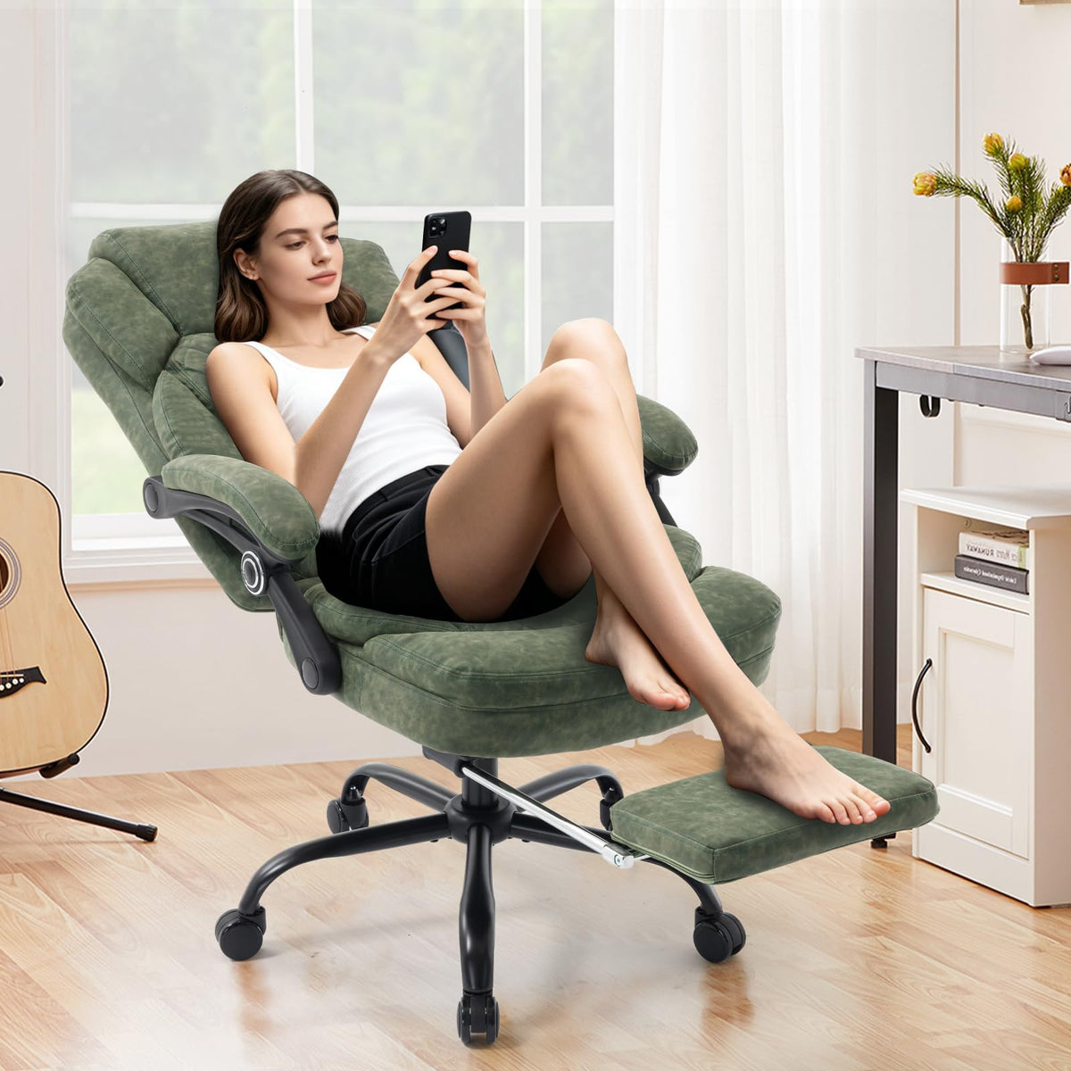 Linting Plus Size Leather Recliner Office Desk Chair with Leg Rest Green, Large(400lbs), Dark Green