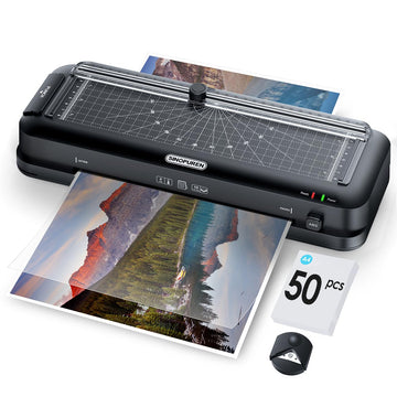 Teacher Laminator Kit, 5-in-1 Laminator with Built-in Paper Trimmer, Hole Punch & Corner Rounder, 50 Laminating Pouches, Fast 3-Min Warm-Up, Jam-Free for Teacher or Craft