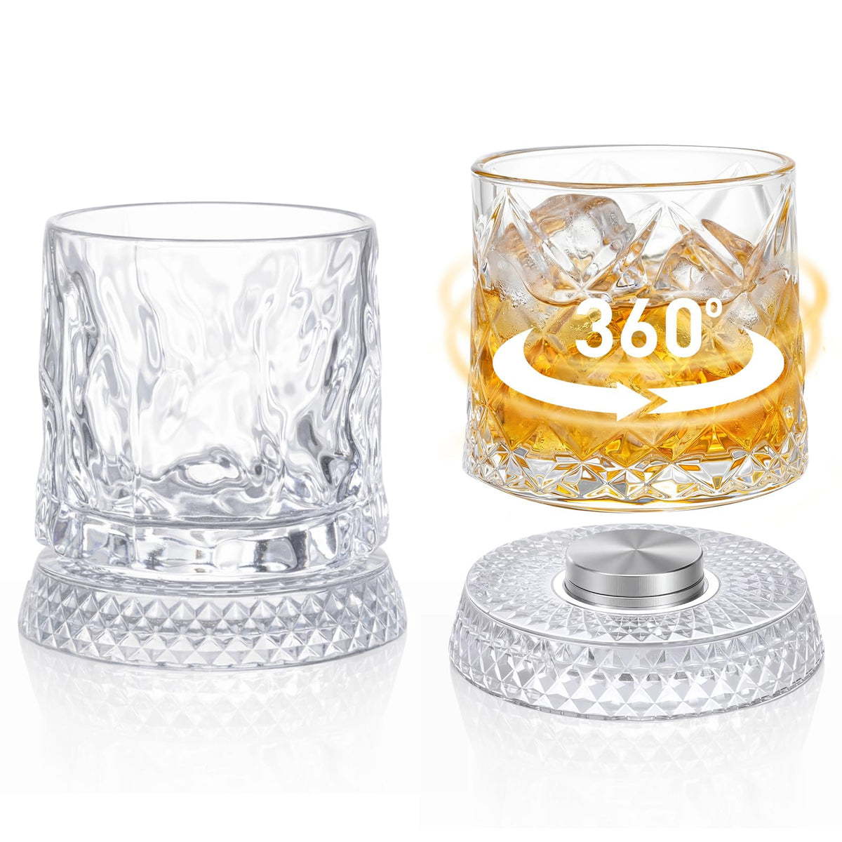 2 Pack 9 oz Spinning Whiskey Glass, Crystal Rotating Glass 360° Spinning with Embossed Coasters for Scotch, Bourbon Bars Party, Ideal Gifts for Men Father Husband Whiskey Enthusiast