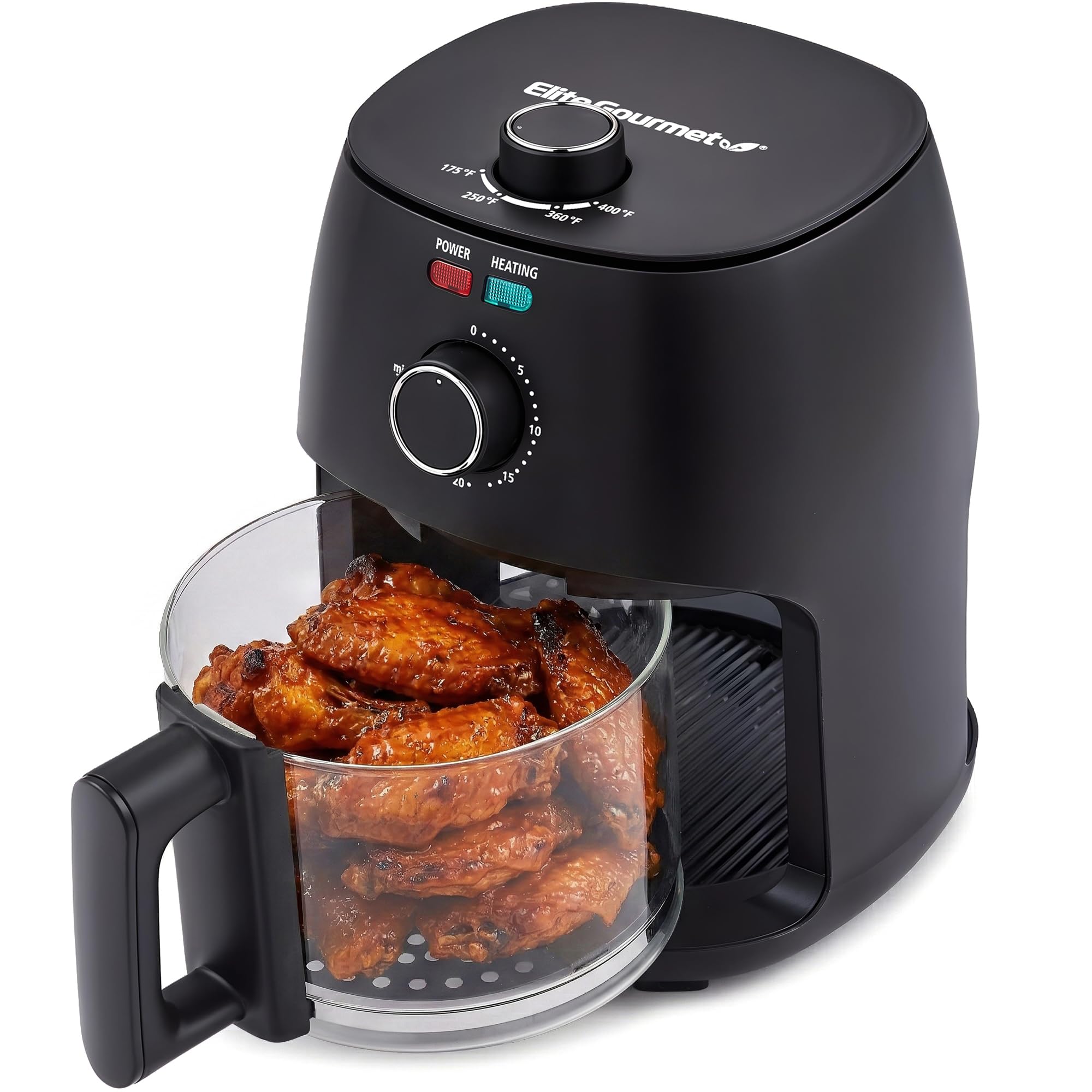 Elite Gourmet Glass Air Fryer, 2.4 Qt Compact Size for 1–2 People, PFAS-Free Ceramic & Glass Basket, Visible Cooking, Adjustable Temp 175–400°F, 1150W, Black
