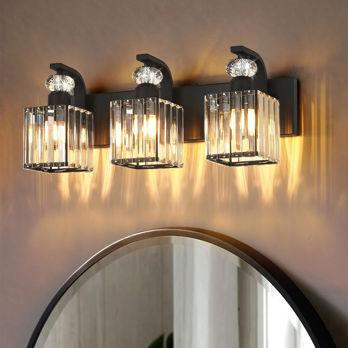 Modern Bathroom Vanity Light, 3-Light Black Bathroom Lighting Fixtures Over Mirror, 20.5" Crystal Wall Light Sconce for Bathroom/Bedroom/Vanity, Includes LED Bulbs, Easy Installation