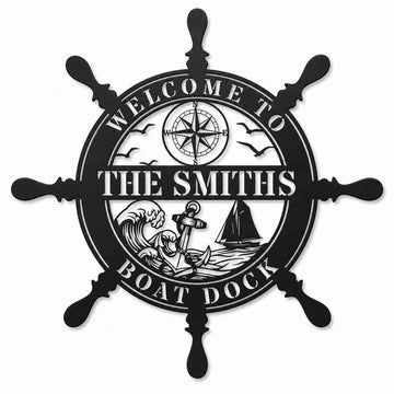 Personalized Boat Dock Metal Sign, Custom Nautical Helm Wall Decor with Family Name, Anchor Sailboat Design, Outdoor Lake House Decor, Beach House Welcome Sign, Coastal Dock Yard Decoration