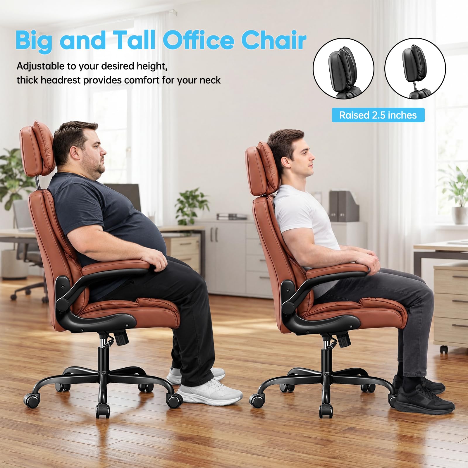Sytas 400lbs Big and Tall Office Chair with Adjustable Headrest, Brown