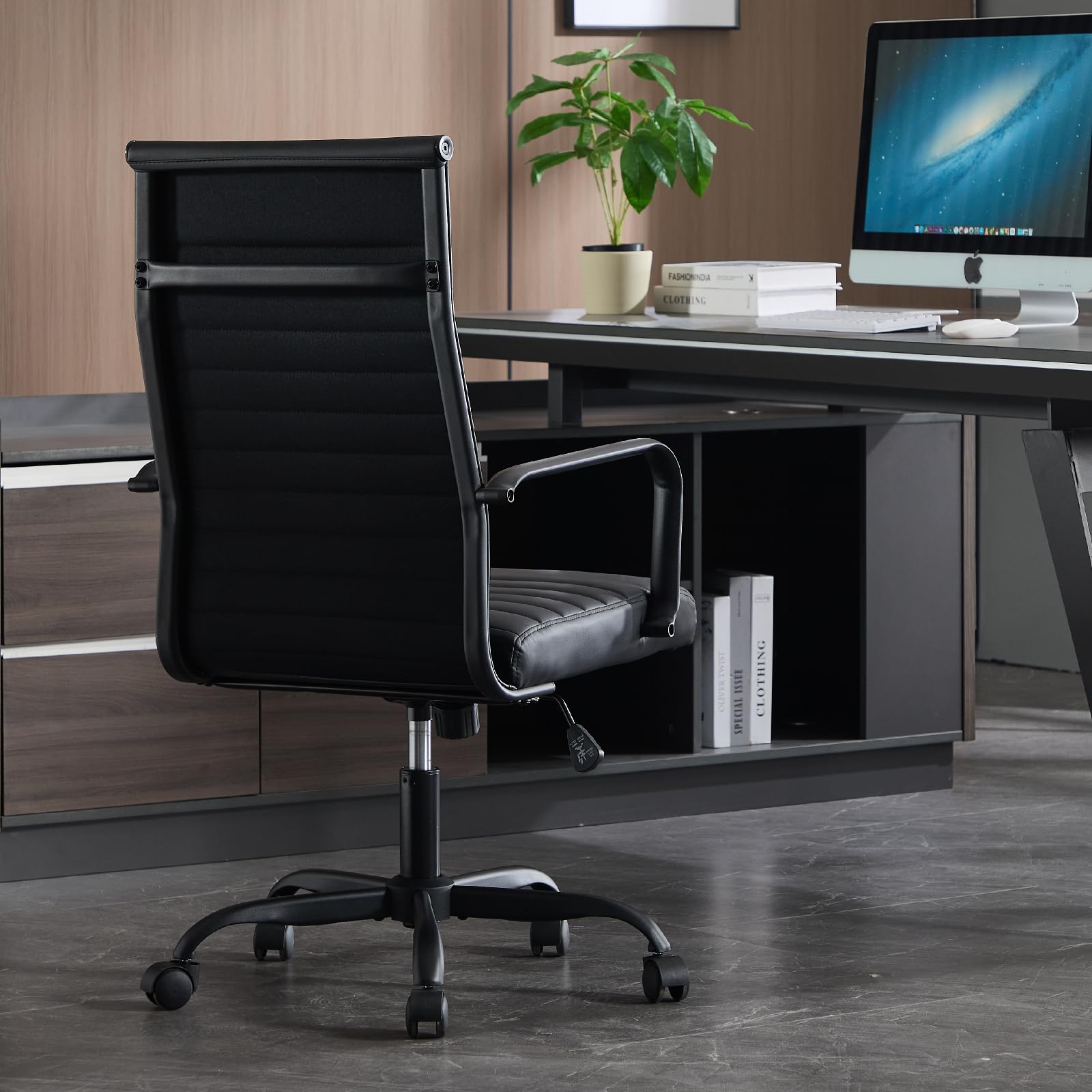 Haranuo Office Chair, Ergonomic Executive Conference Room Chairs, Ribbed Leather Desk Chair with Lumbar Support, Adjustable Height Mid-back