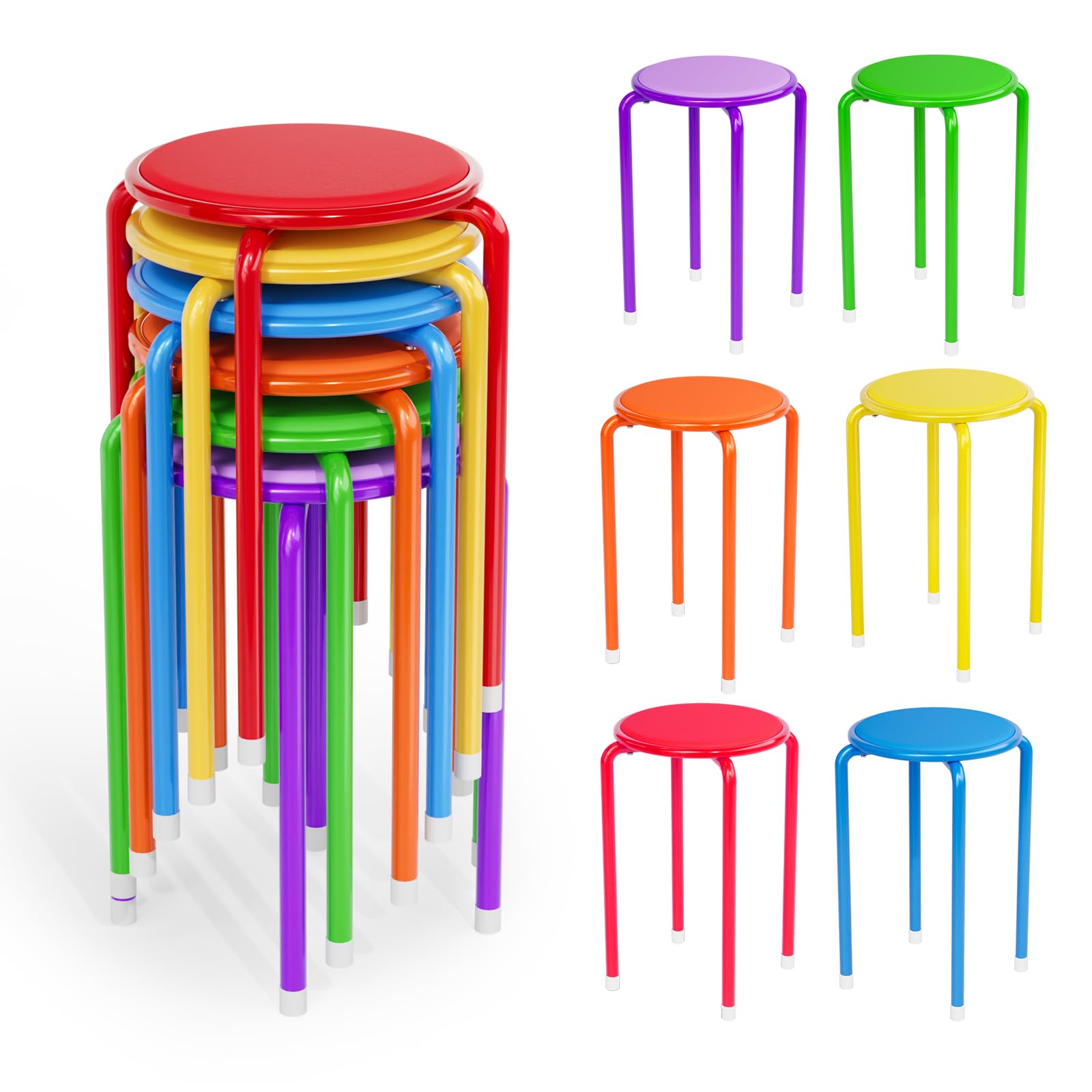 Vingli 18 Inch Padded Stacking Stools 6 Pack, Colorful Metal Round Stool, 18 Inches, Colored Legs