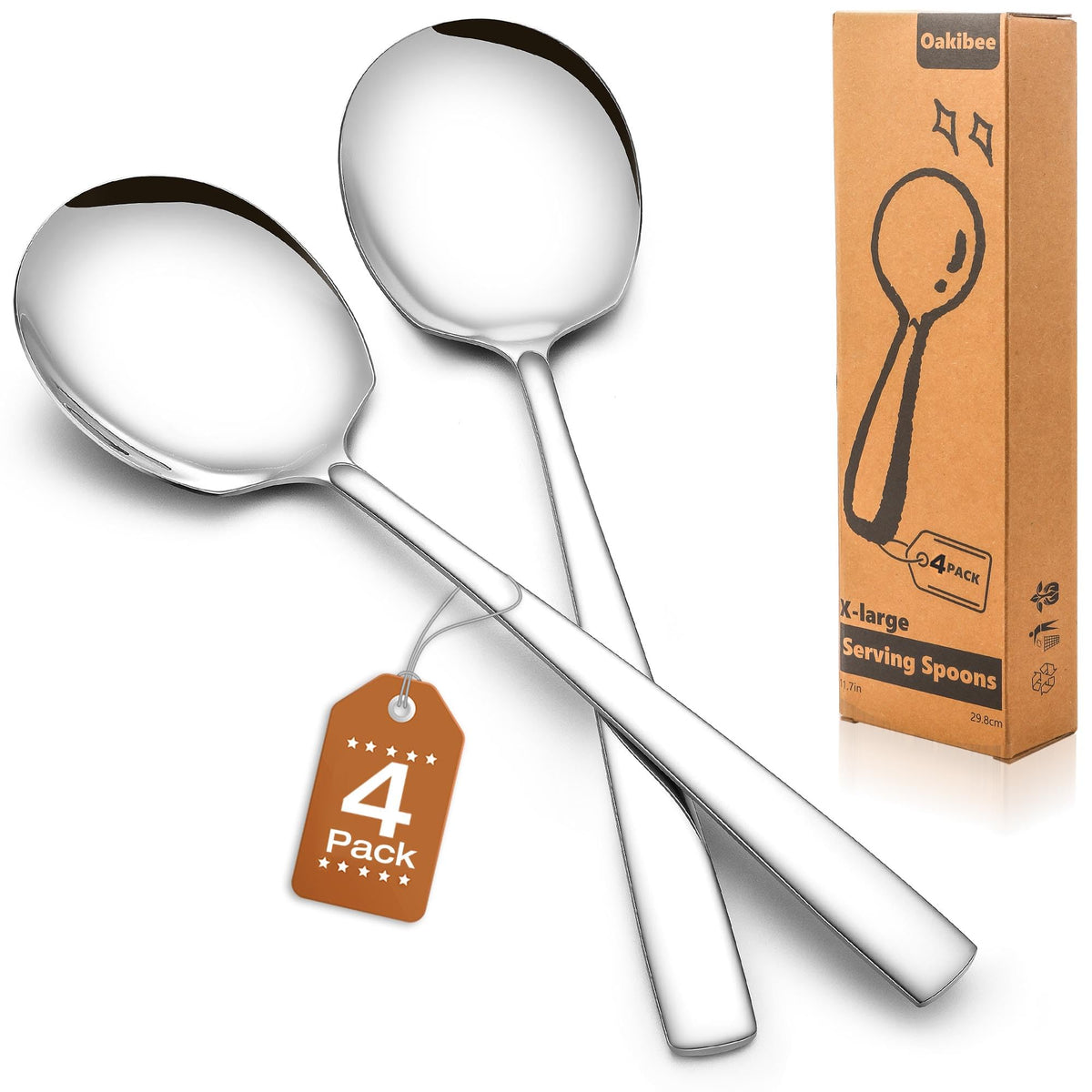 Extra Large Serving Spoons Set of 4-Piece, 11.7-Inch Silver Serving Spoon 18/8 Stainless Steel Serving Utensils for Buffet, Parties, Catering, Banquet - Dishwasher Safe (4-Pack, Silver)