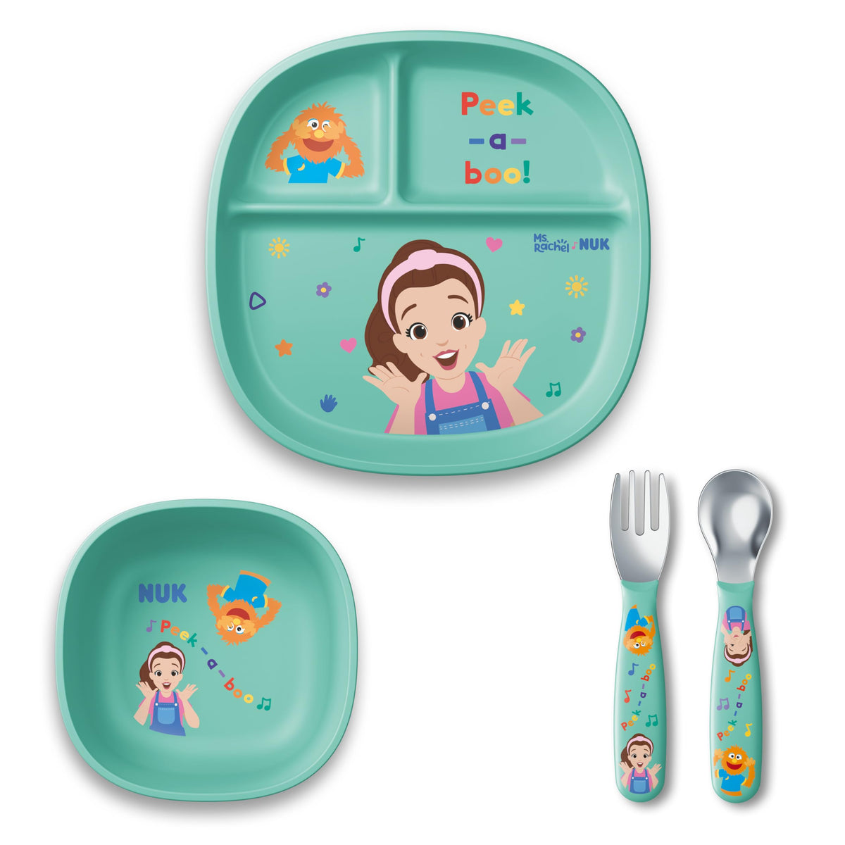 NUK Ms Rachel Tableware Set, Toddler Plate and Bowl, and Toddle Utensils - Fork and Spoon, Kids Dining Set, BPA-Free, Dishwasher-Safe