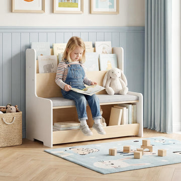 Costzon Kids Bookshelf with Bench, Toddler Toy Storage Organizer w/Bookshelf & 2 Cubbies, Removable Seat Cushion & Protective Baffle, Kids Bench for Playroom, Bedroom, Nursery