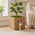 unipaws Cat Litter Box Enclosure with Faux Plant and Litter Mat, Hidden Handwoven Rattan Planter Cat House Furniture, DIY Decoration on Square Top By Yourself, for Living Room, Bedroom, Corner