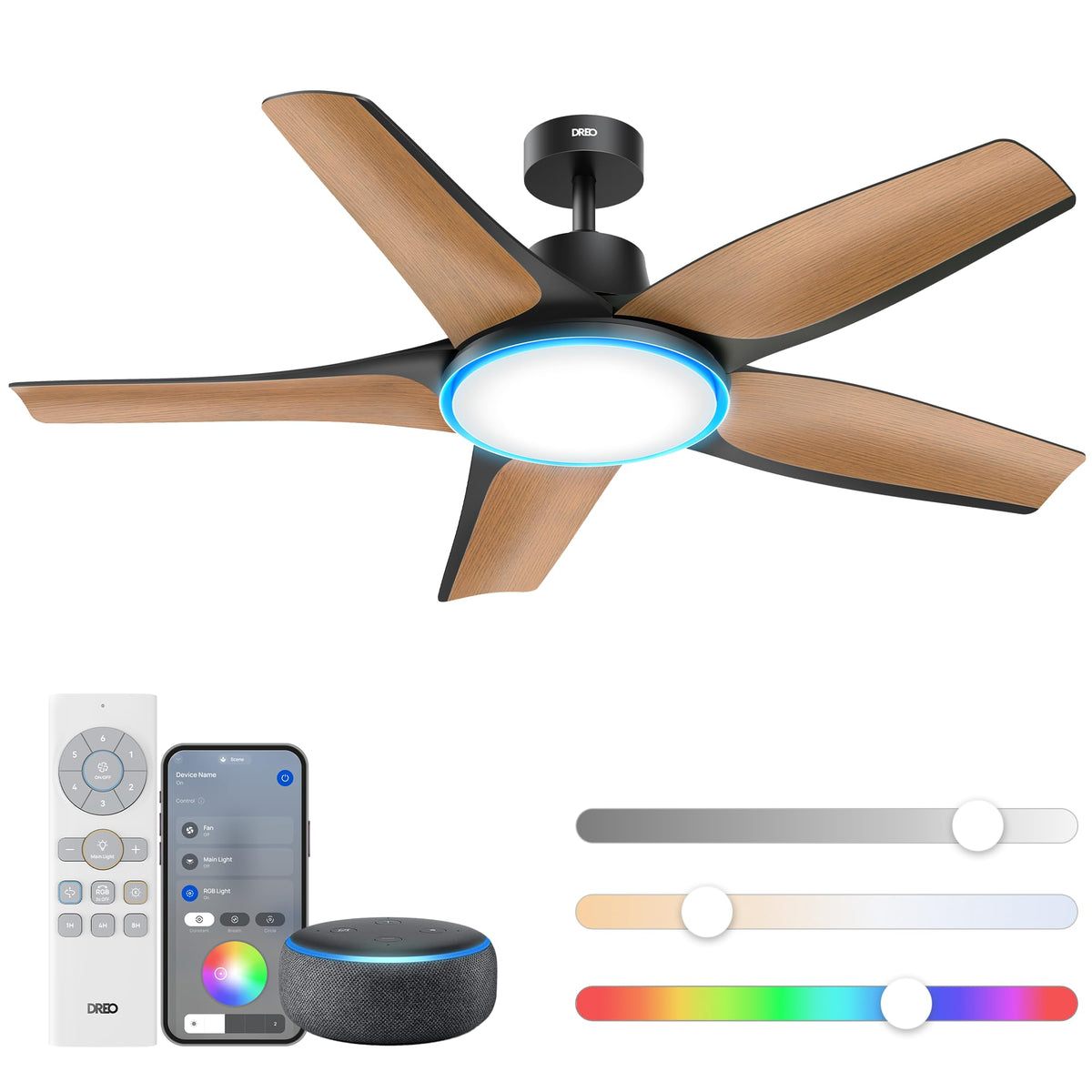 DREO Smart RGBIC Ceiling Fans with Lights, Low profile Ceiling Fan with Alexa/App, 52'' Dimmable Lighting & Color Tuning, 25dB Quiet for Living Room, Game Room, Easy Installation, Black, 2026 Upgraded