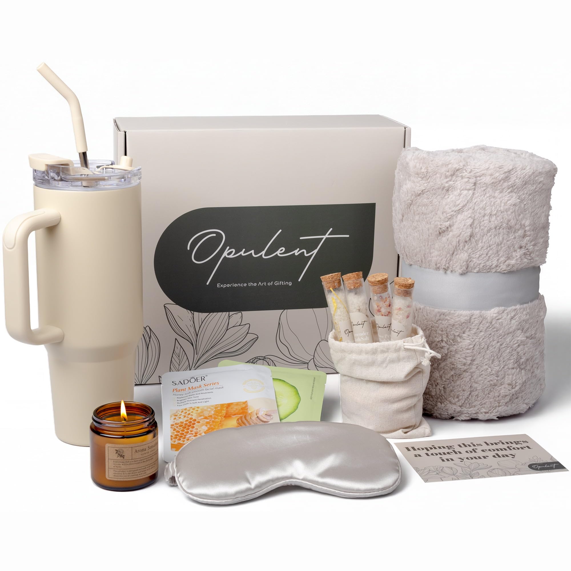 Opulent Luxury Self Care Gift Package for Women, 40oz Tumbler, Cozy Blanket | Gift-Ready Spa Set for Get Well, Thinking of You & Corporate Gifts for Employees & Clients - Candle, Bath Salts & Sleep Mask