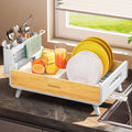Urackify Dish Drying Rack for Kitchen Counter - Stainless Steel & Bamboo Dish Rack with Large Removable Utensil Holder, Dish Drainer with Adjustable Automatic Spout, White