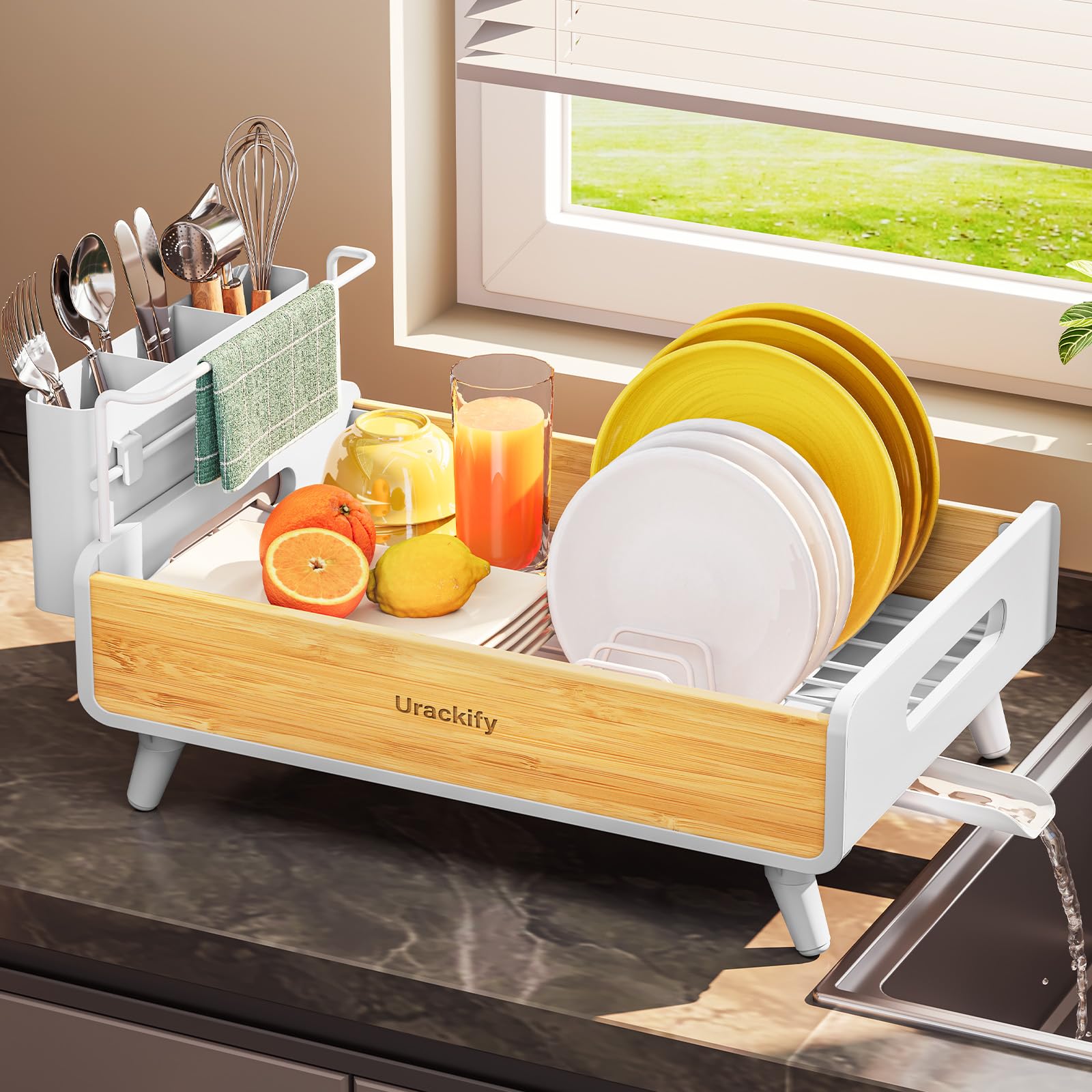 Urackify Dish Drying Rack for Kitchen Counter - Stainless Steel & Bamboo Dish Rack with Large Removable Utensil Holder, Dish Drainer with Adjustable Automatic Spout, White