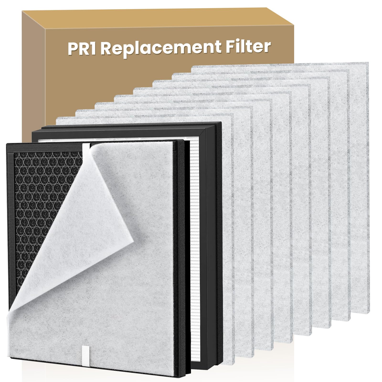 2 Pack PR1 Replacement Filter Compatible with Mooka PR1 Air Purifier, with 8pcs Washable Pre Filter True HEPA High-Efficiency Activated Carbon Filter for Home Large Room