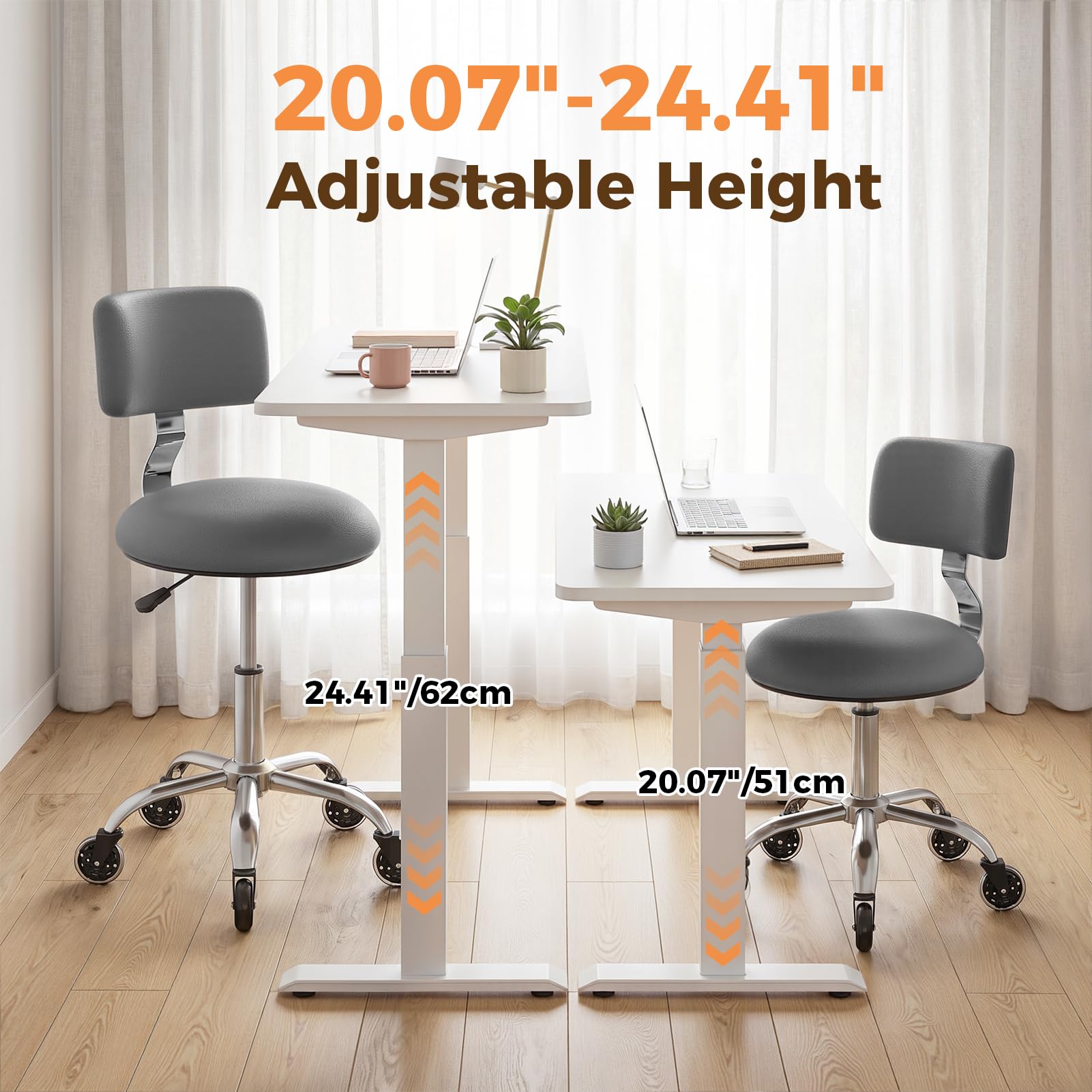 Rolling Stool Chair with Wheels, Office Drafting Chair with Back Support, Height Adjustable Standing Desk Stool with Pu Leather Cushion for