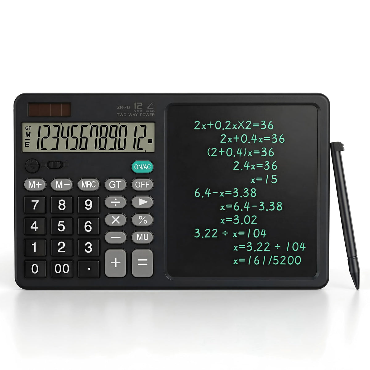 Desk Calculator with Erasable Writing Pad, 12-Digit Wide Screen Display, 100,000+ Reusable LCD Notepad, One-Click Clear & Lock Function, Solar and Battery Dual Power for Office,School,Business (Black)