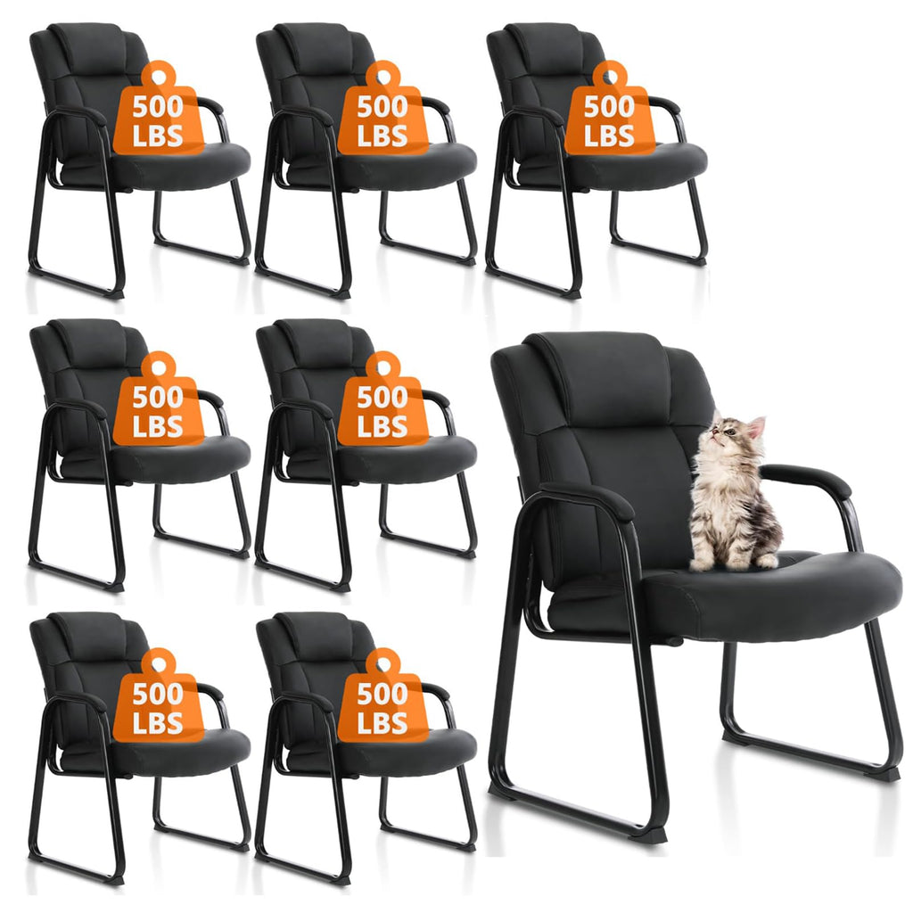 Clatina Big and Tall Office Chair Set of 8 500lbs Leather Reception Chair with Bonded Padded Armrest Wide Seat Sled Base Desk Chair No Wheels