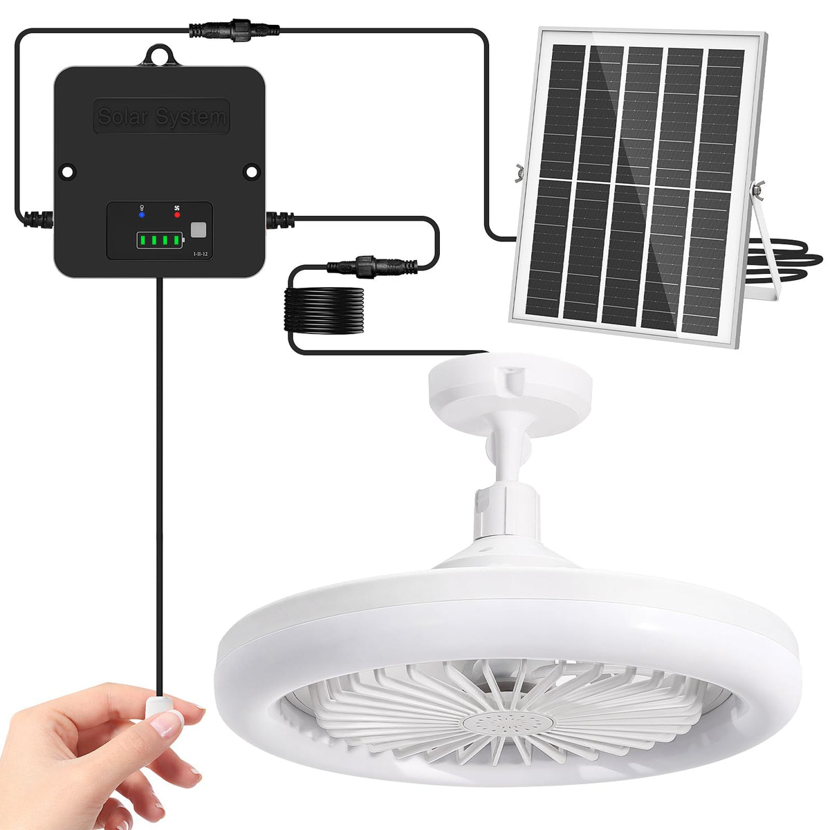 10.2 in Solar Ceiling Fan with Light Indoor Outdoor, Daytime Available Solar Shed Fan Light with Pull String, 3-in-1 Modes, IP65 Waterproof for Gazebo, Shed, Barn, Patio, Chicken Coop (1 Pack)