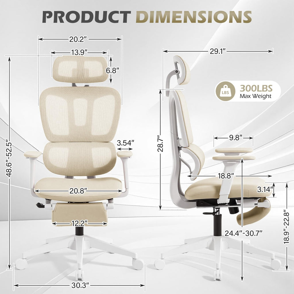 Ergonomic Office Chair with Footrest and Dynamic Lumbar Support, Cream, High Back, Beige