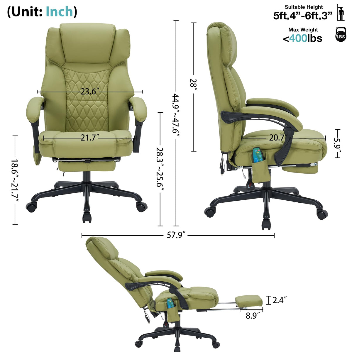 Massage Office Chair with Foot Rest 6 Points Vibration and Heat Home Office Desk Chairs for Heavy People 400lbs Reclining Managerial Chairs