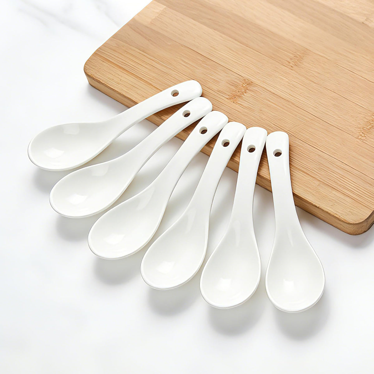 Soup Spoons Set of 6-5.5 Inch Asian Style Spoons for Ramen, Pho and Wonton - Dishwasher Safe White Porcelain