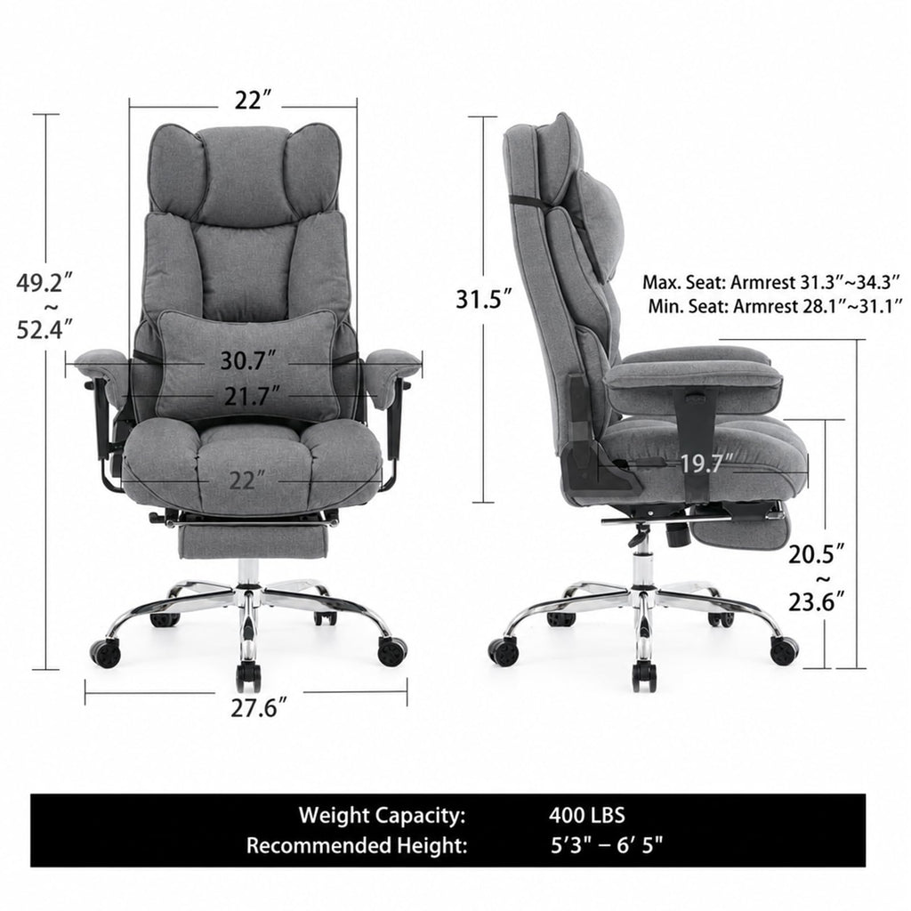 Mokodo Big and Tall Office Chair 400lbs, Breathable Fabric Executive Desk Chair with Pocket Spring Cushion, 155° Reclining Computer Chair with