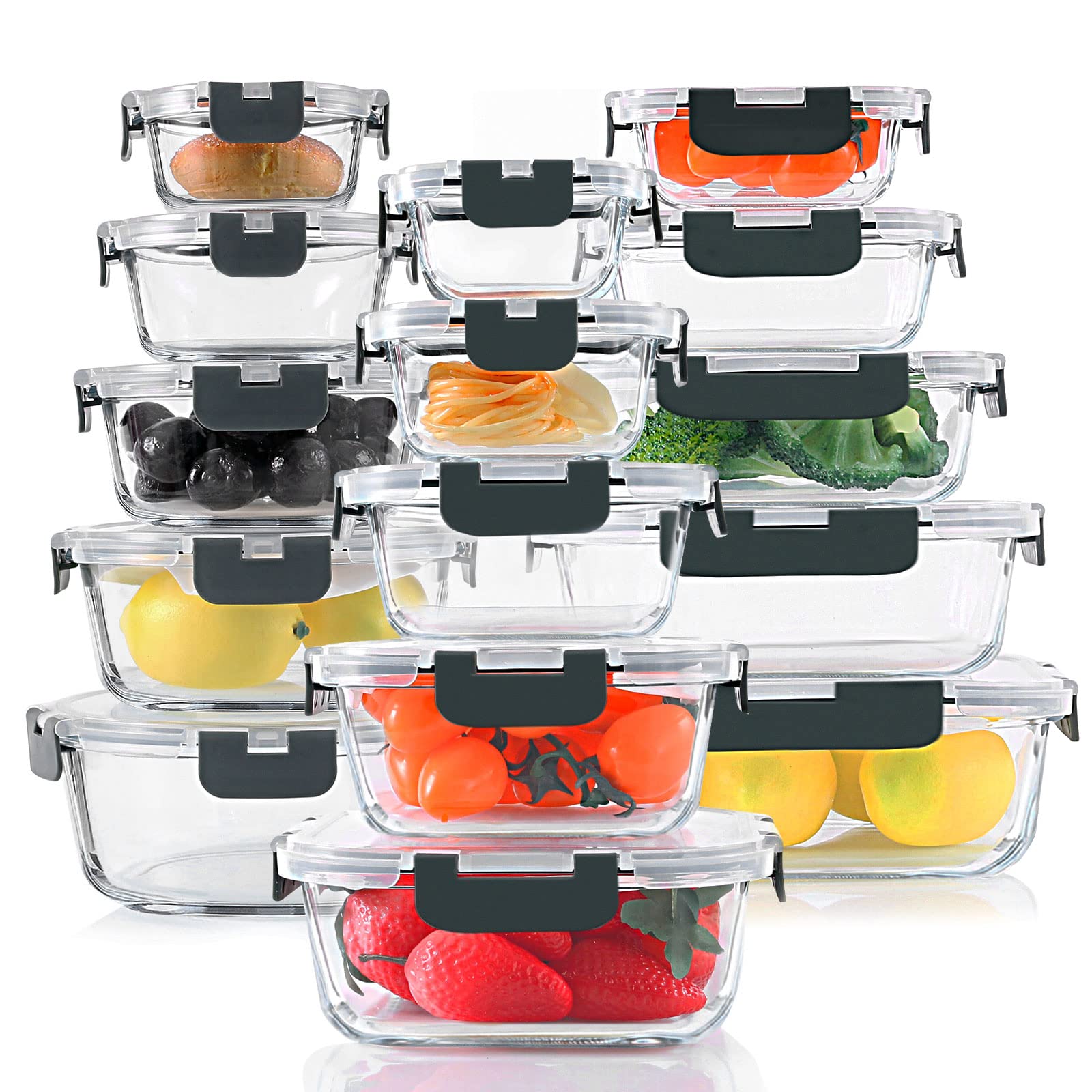 30 Pieces Glass Food Storage Containers Set, Glass Meal Prep Containers Set with Snap Locking Lids, Airtight lunch Containers for Microwave, Oven, Freezer & Dishwasher,Gray